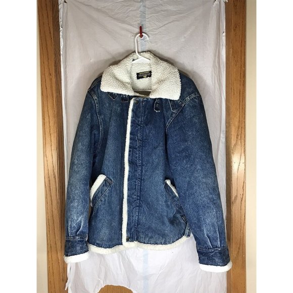Vintage Expressions Jean Sherpa Jacket Mens LG Blue Denim Biker Button Up - Picture 1 of 10